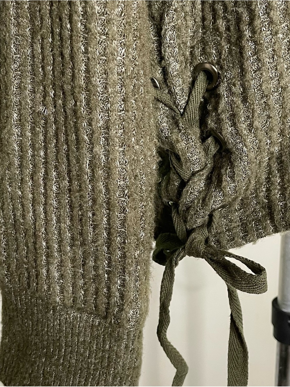 SO Olive Green Ribbed Sweater with Side Lace-Up Detail